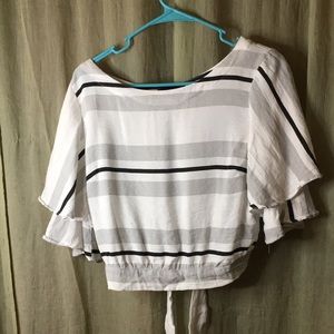 Fab'rik white and black flutter sleeve tie back top